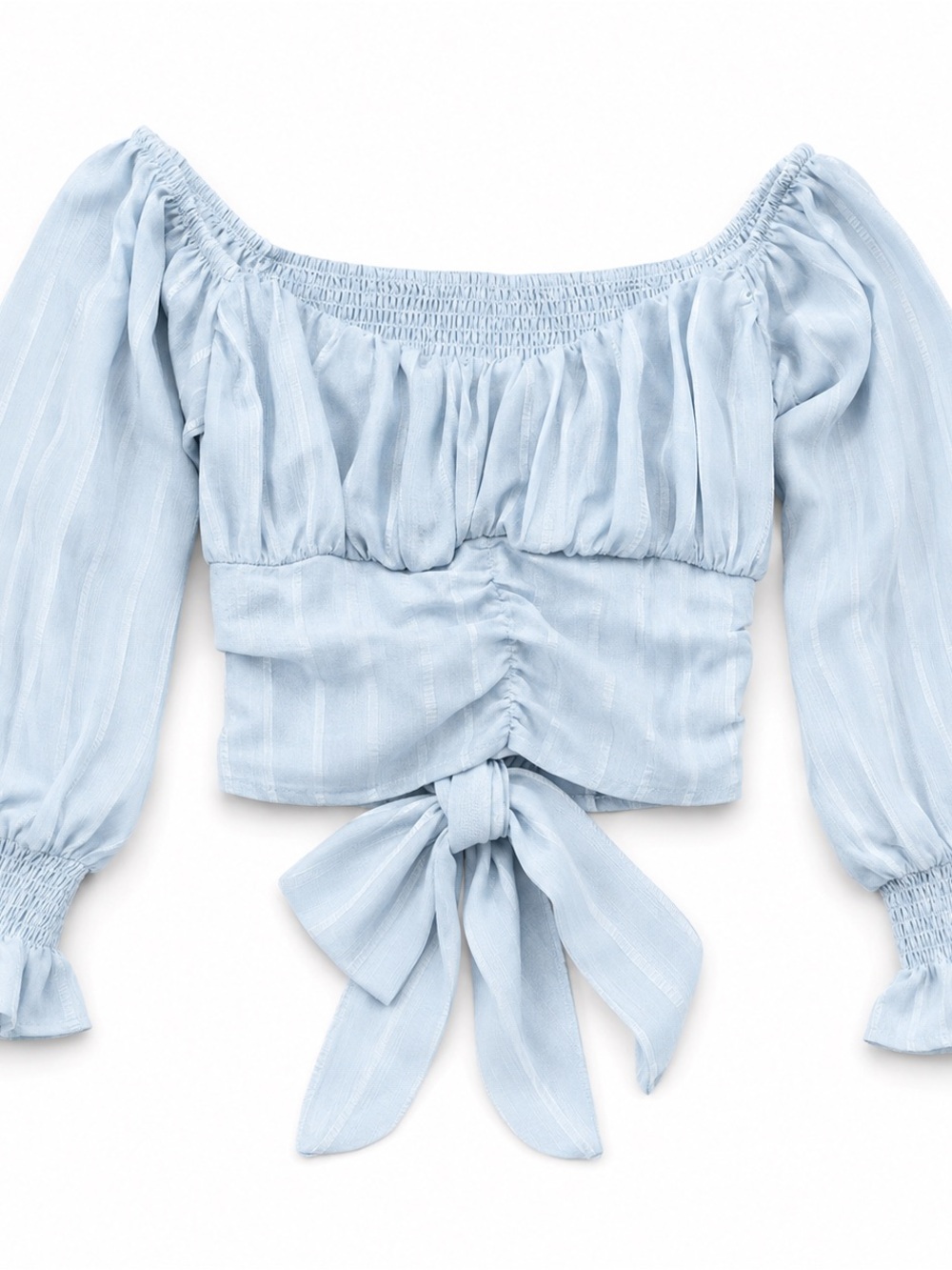 privy Light Blue Off-Shoulder Ruched Crop Top
